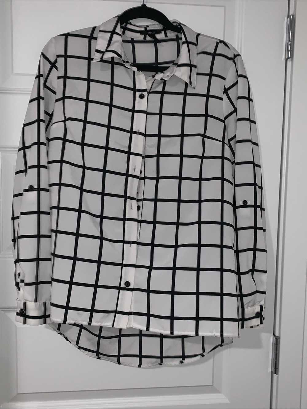White and Black Grid-Print Button-Up Shirt